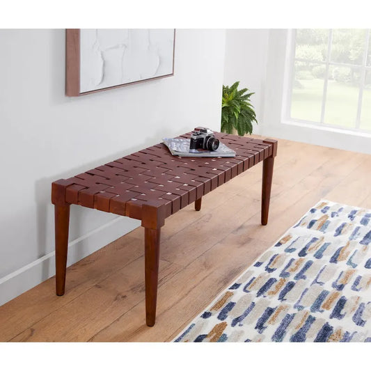 Harness Cognac Brown Woven Genuine Leather and Solid Wood Accent Bench