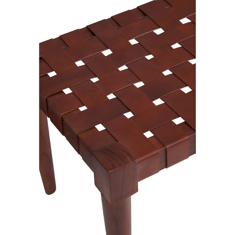 Harness Cognac Brown Woven Genuine Leather and Solid Wood Accent Bench