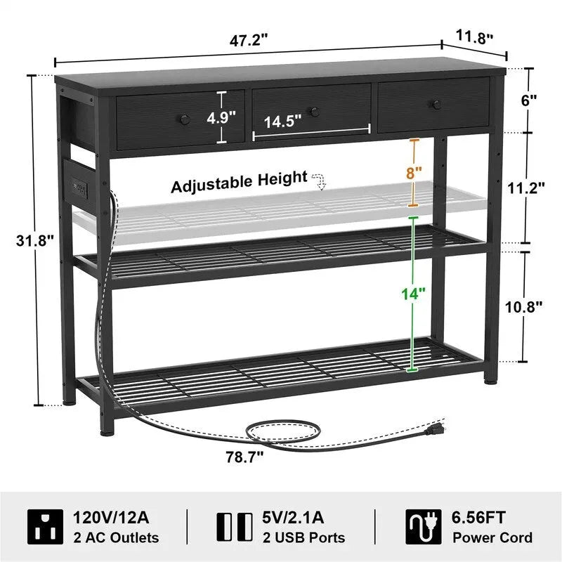 47  Entryway Table with Outlets and USB Ports - 11.8 D x 47.2 W x 31.8 H