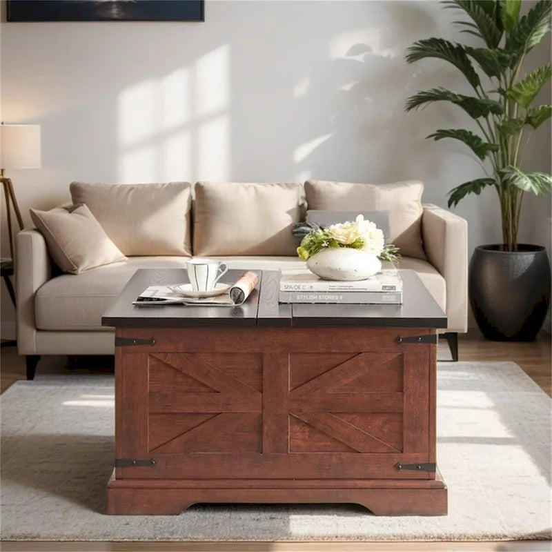 Farmhouse Coffee Table,Square Wood Center Table w/Storage Compartment