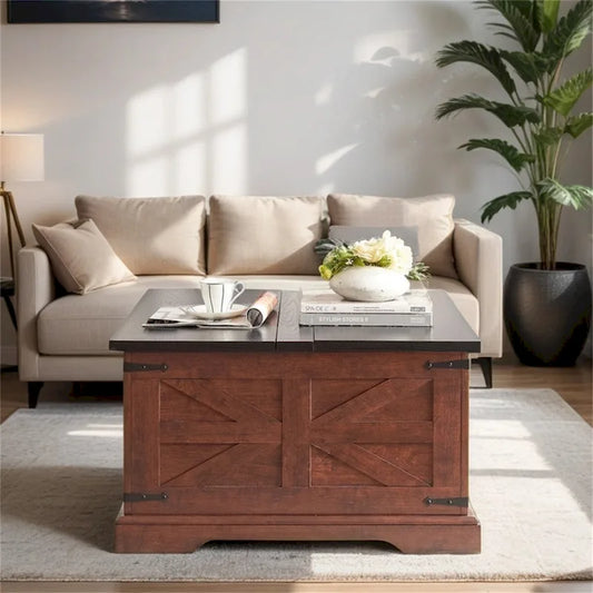 Farmhouse Coffee Table,Square Wood Center Table w/Storage Compartment