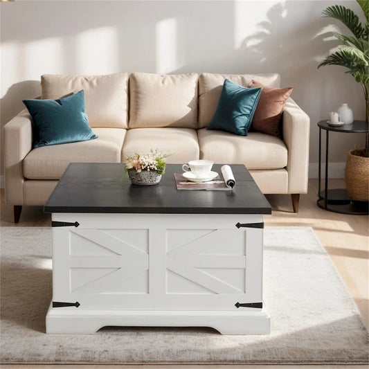 Farmhouse Coffee Table,Square Wood Center Table w/Storage Compartment