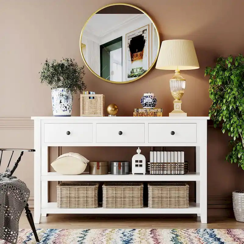 Console da Tavolo Retrò con Due Ripiani Aperti, Telaio e Gambe in Legno Massello di Pino per Soggiorno