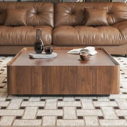 Industrial Walnut Coffee Table with Hidden Drawers - 39.37 x39.37 x12.6