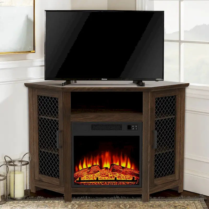 45  Industrial Corner Electric Fireplace TV Stands with 2 Metal Mesh Doors and Remote