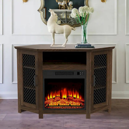 45  Industrial Corner Electric Fireplace TV Stands with 2 Metal Mesh Doors and Remote