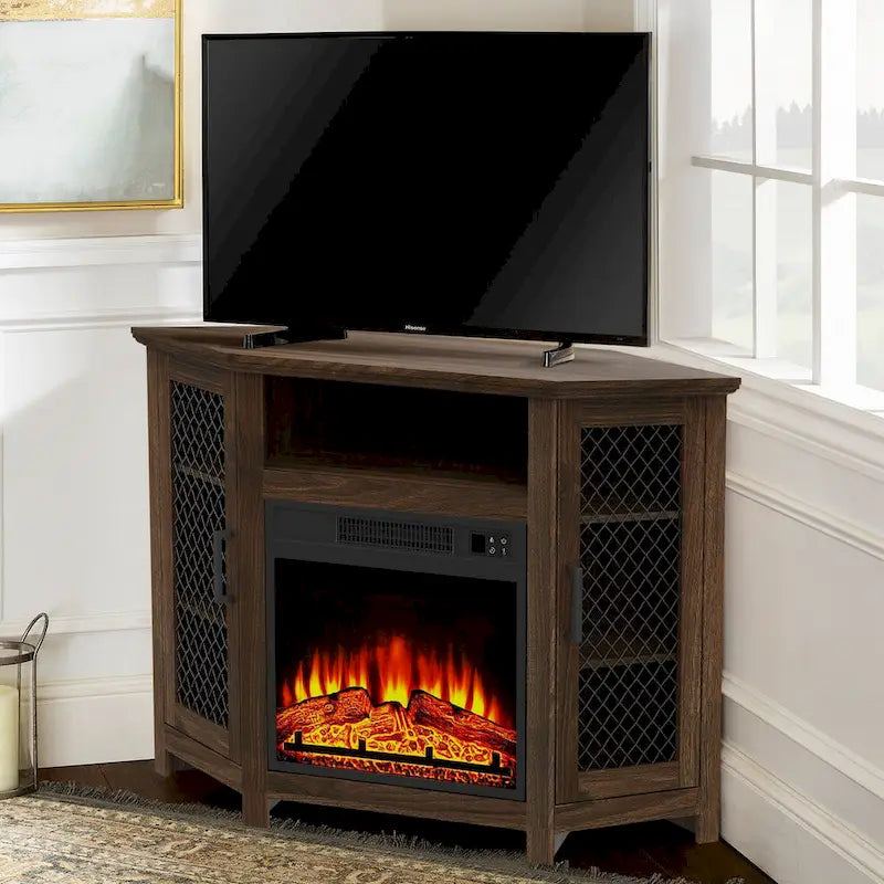 45  Industrial Corner Electric Fireplace TV Stands with 2 Metal Mesh Doors and Remote