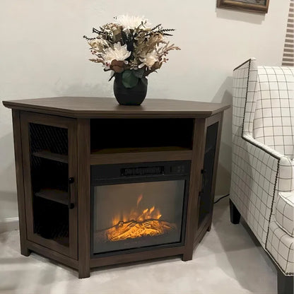 45  Industrial Corner Electric Fireplace TV Stands with 2 Metal Mesh Doors and Remote