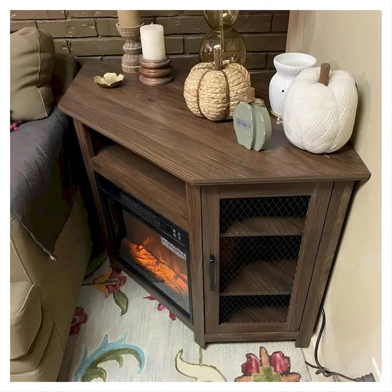 45  Industrial Corner Electric Fireplace TV Stands with 2 Metal Mesh Doors and Remote