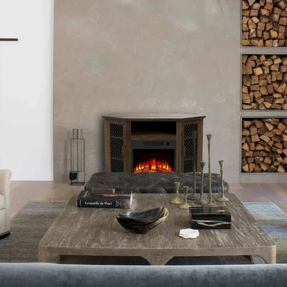 45  Industrial Corner Electric Fireplace TV Stands with 2 Metal Mesh Doors and Remote