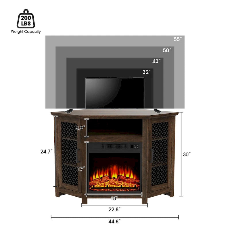 45  Industrial Corner Electric Fireplace TV Stands with 2 Metal Mesh Doors and Remote