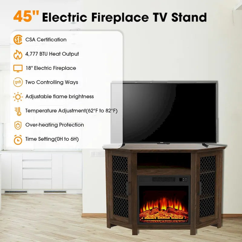 45  Industrial Corner Electric Fireplace TV Stands with 2 Metal Mesh Doors and Remote