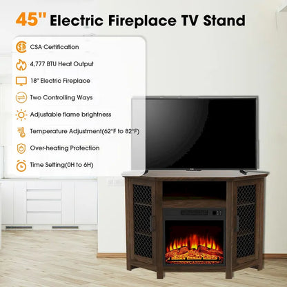 45  Industrial Corner Electric Fireplace TV Stands with 2 Metal Mesh Doors and Remote