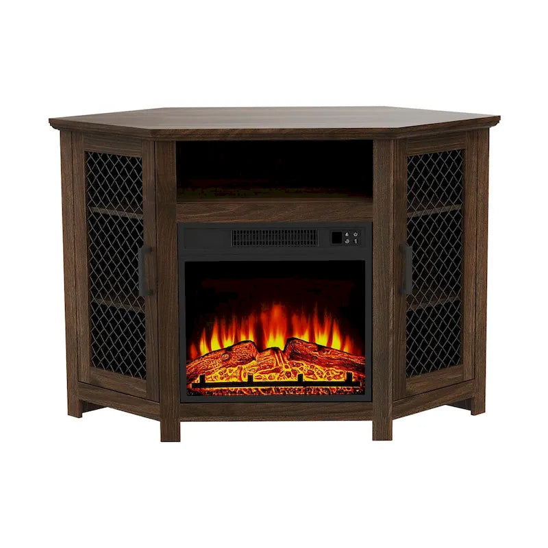 45  Industrial Corner Electric Fireplace TV Stands with 2 Metal Mesh Doors and Remote