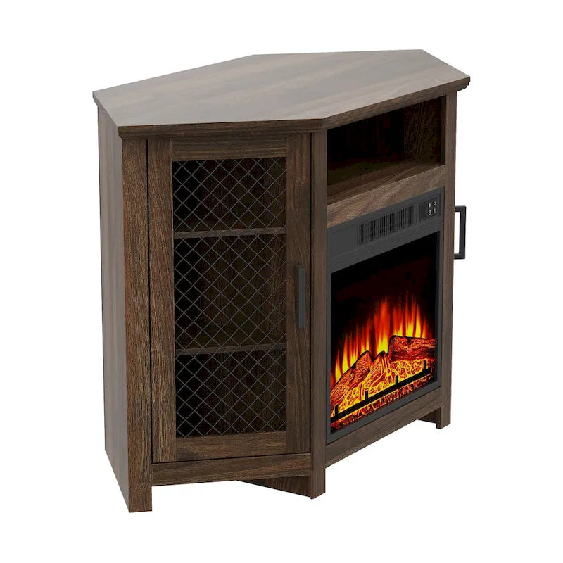45  Industrial Corner Electric Fireplace TV Stands with 2 Metal Mesh Doors and Remote