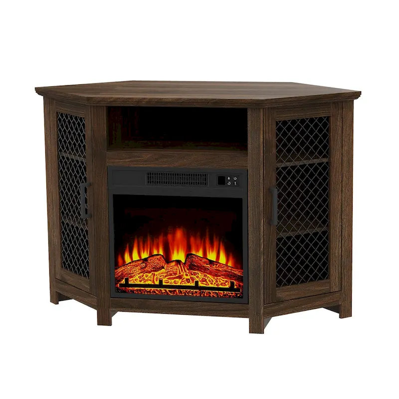 45  Industrial Corner Electric Fireplace TV Stands with 2 Metal Mesh Doors and Remote