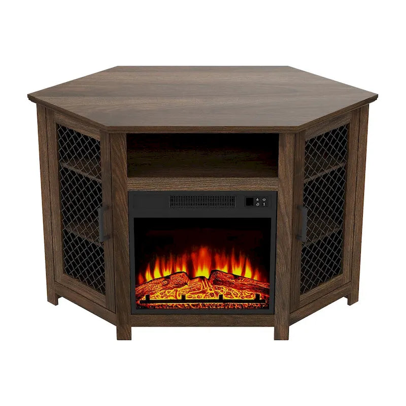 45  Industrial Corner Electric Fireplace TV Stands with 2 Metal Mesh Doors and Remote