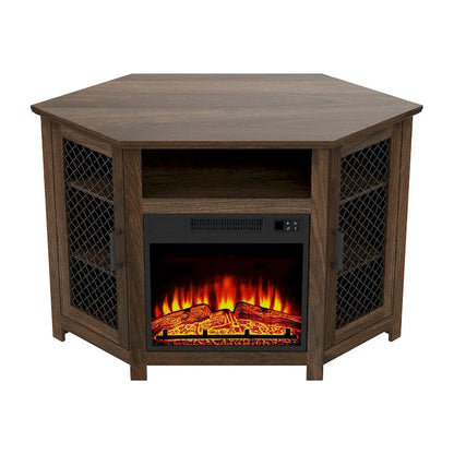 45  Industrial Corner Electric Fireplace TV Stands with 2 Metal Mesh Doors and Remote