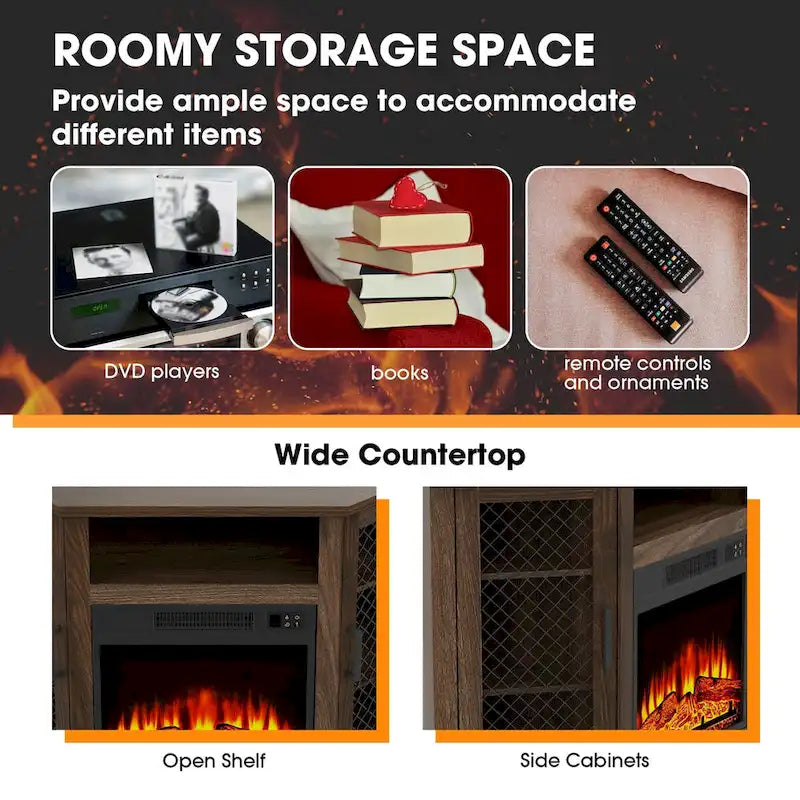 45  Industrial Corner Electric Fireplace TV Stands with 2 Metal Mesh Doors and Remote