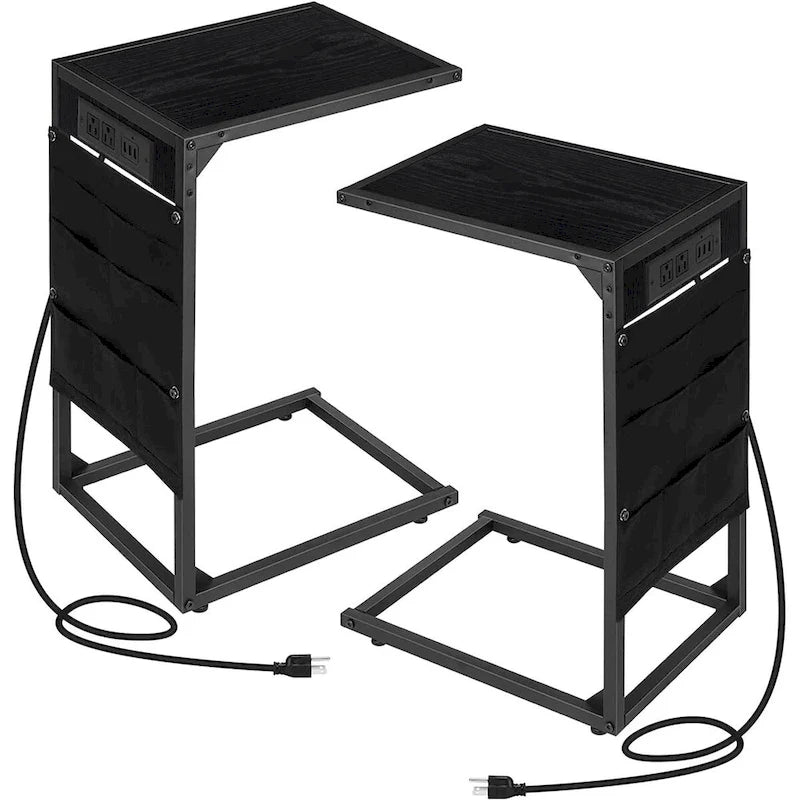 C Shaped End Table with Charging Station, Set of 2