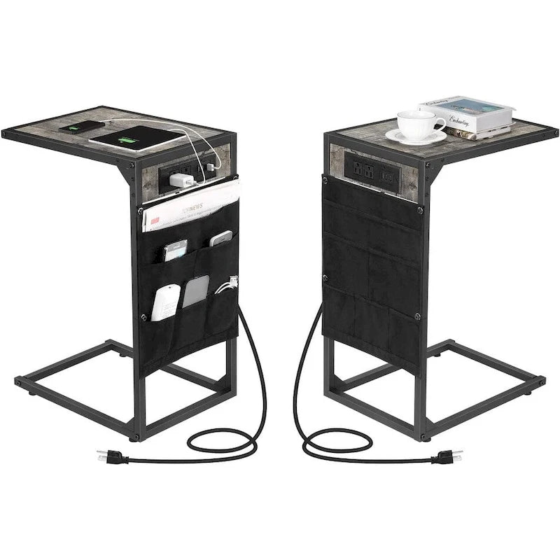 C Shaped End Table with Charging Station, Set of 2