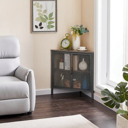 Javlergo Corner Table Modern Triangle 3-tier Storage Shelf with 2 Doors for Living Room Bedroom Office