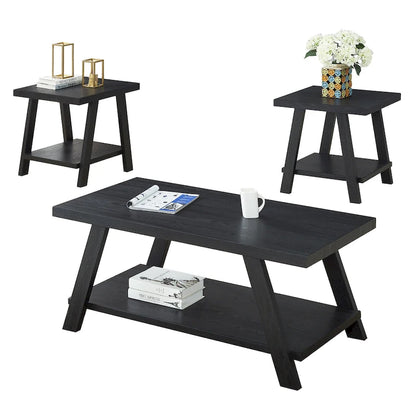 Contemporary 3-Piece Wood Shelf Coffee Table Set