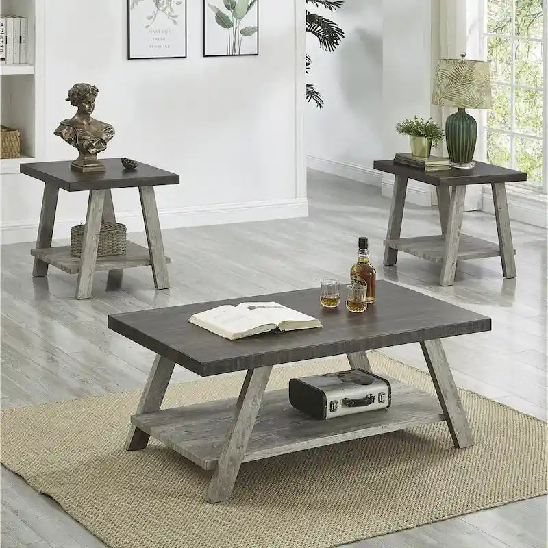 Contemporary 3-Piece Wood Shelf Coffee Table Set