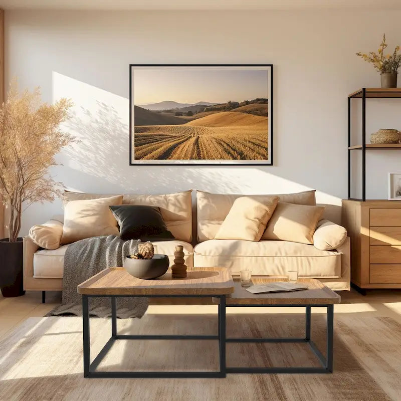 Square Nesting Coffee Table Set of 2 Wood Metal Stacking Side Table - 22 x22 x18