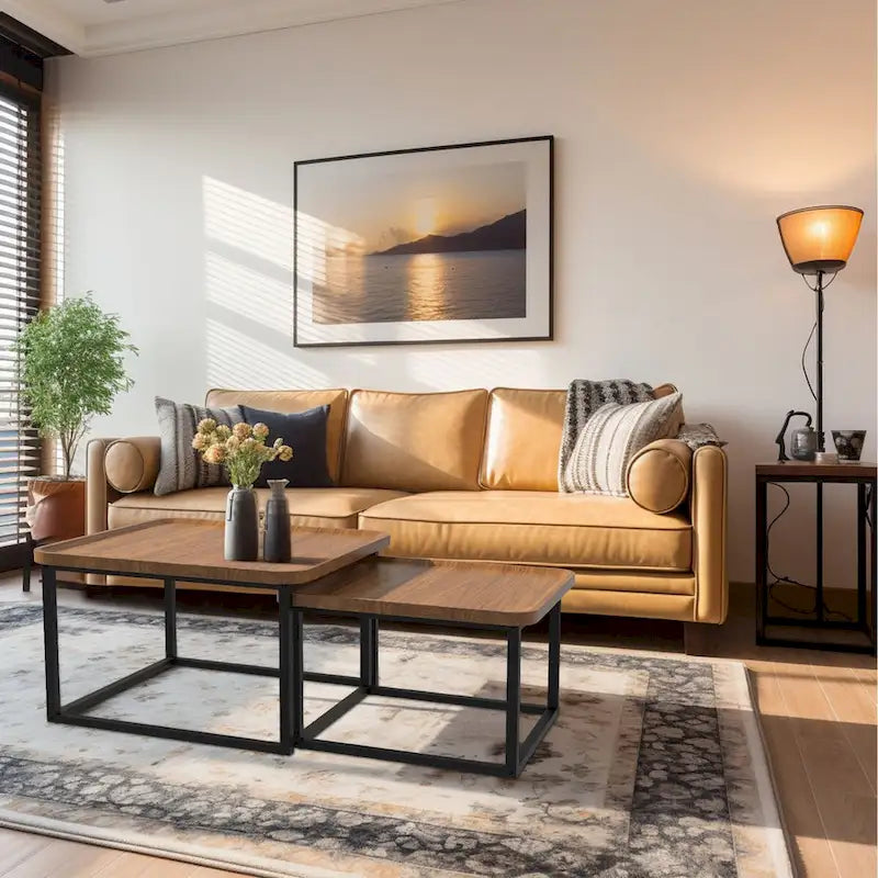 Square Nesting Coffee Table Set of 2 Wood Metal Stacking Side Table - 22 x22 x18 