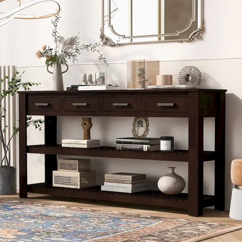 Entryway Console End Table with 4 Drawers and 2 Shelves for Hallway, Living Rooms