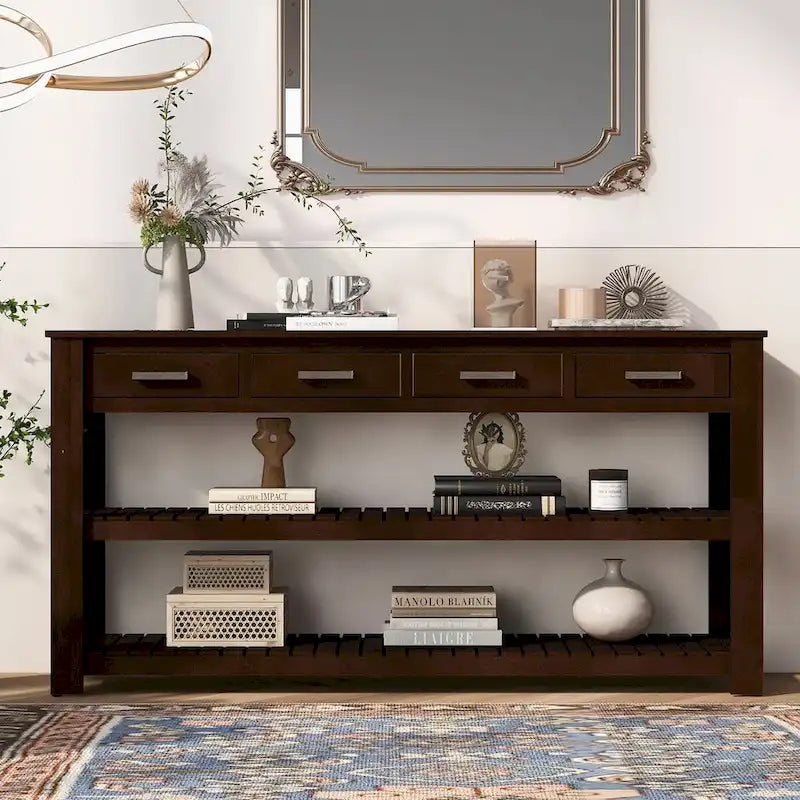 Entryway Console End Table with 4 Drawers and 2 Shelves for Hallway, Living Rooms