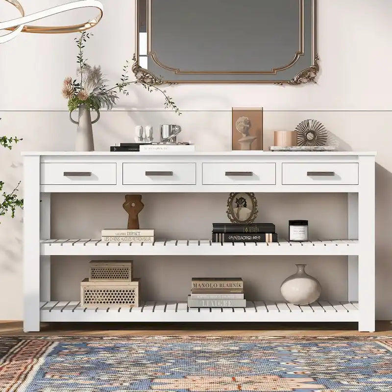Entryway Console End Table with 4 Drawers and 2 Shelves for Hallway, Living Rooms
