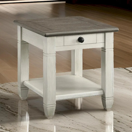Rome 26 Inch Side End Table, Square, 1 Drawer, Brown, White, Solid Wood