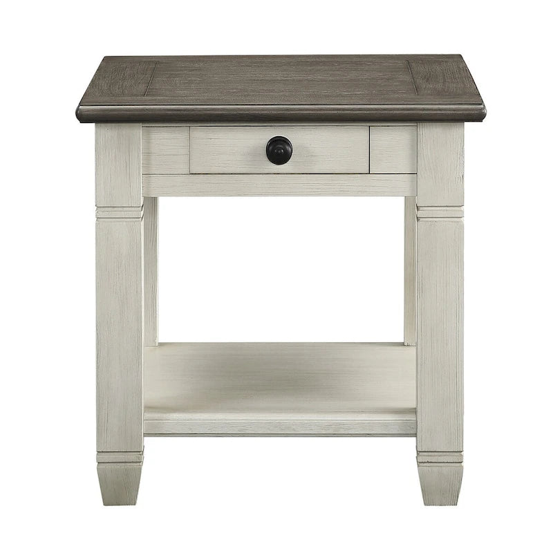 Rome 26 Inch Side End Table, Square, 1 Drawer, Brown, White, Solid Wood