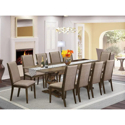 East West Furniture 11 Piece Dining Table Set- a Wooden Table and 10 Linen Fabric Upholstered Chairs(Finish Options)