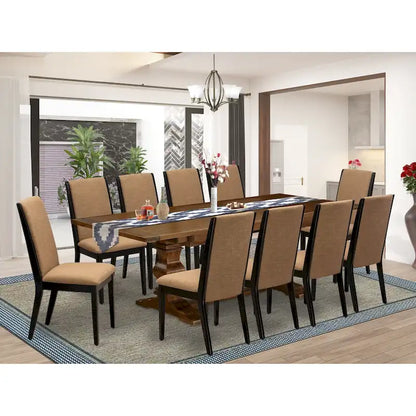 East West Furniture 11 Piece Dining Table Set- a Wooden Table and 10 Linen Fabric Upholstered Chairs(Finish Options)