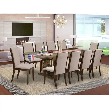 East West Furniture 11 Piece Dining Table Set- a Wooden Table and 10 Linen Fabric Upholstered Chairs(Finish Options)