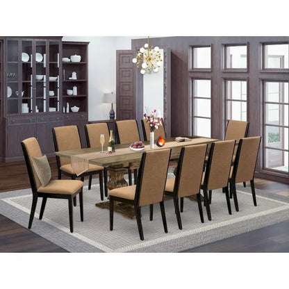 East West Furniture 11 Piece Dining Table Set- a Wooden Table and 10 Linen Fabric Upholstered Chairs(Finish Options)
