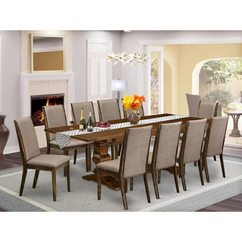 East West Furniture 11 Piece Dining Table Set- a Wooden Table and 10 Linen Fabric Upholstered Chairs(Finish Options)