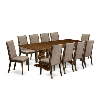 East West Furniture 11 Piece Dining Table Set- a Wooden Table and 10 Linen Fabric Upholstered Chairs(Finish Options)