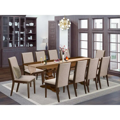 East West Furniture 11 Piece Dining Table Set- a Wooden Table and 10 Linen Fabric Upholstered Chairs(Finish Options)