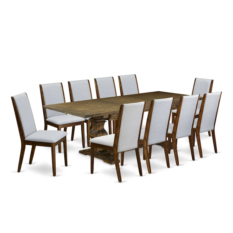 East West Furniture 11 Piece Dining Table Set- a Wooden Table and 10 Linen Fabric Upholstered Chairs(Finish Options)