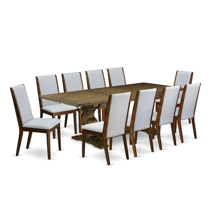 East West Furniture 11 Piece Dining Table Set- a Wooden Table and 10 Linen Fabric Upholstered Chairs(Finish Options)