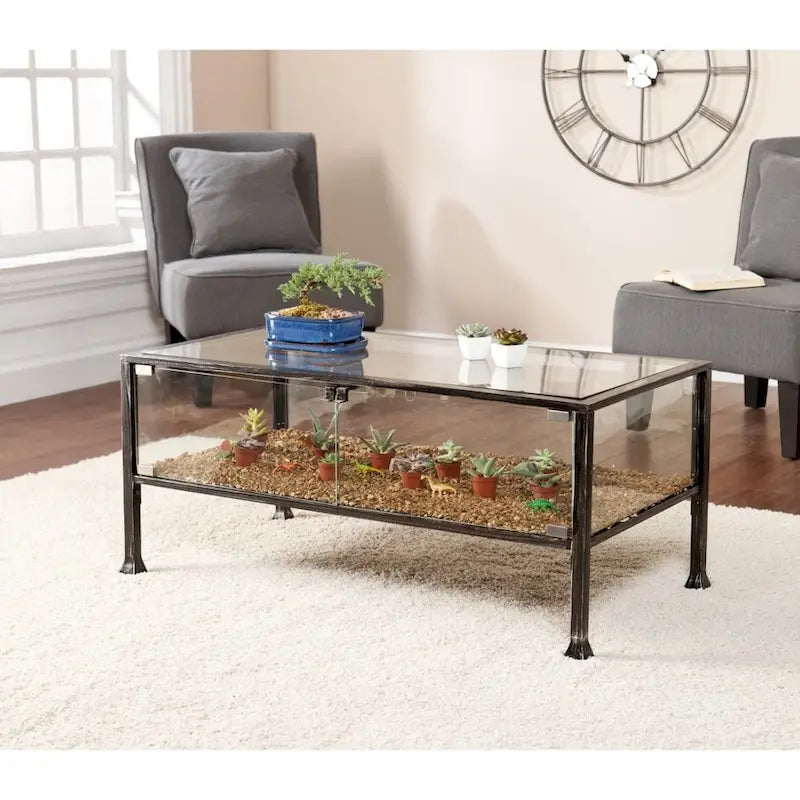 43  Black Glass And Metal Rectangular Coffee Table - 18.5  H x 42.5  W x 21  D