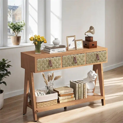 Modern Wood Console Table with Storage and Open Storage Shelf