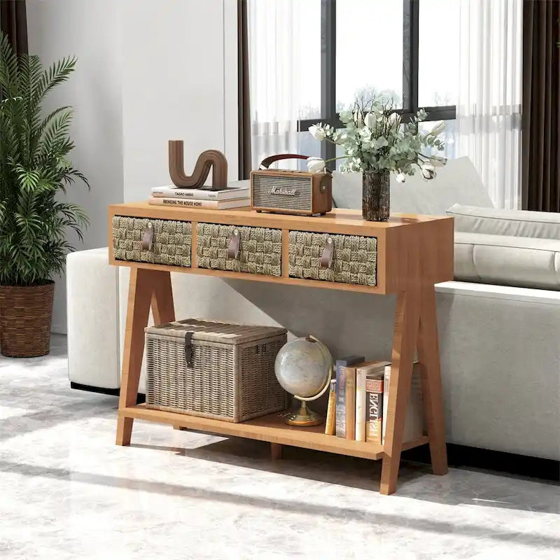 Modern Wood Console Table with Storage and Open Storage Shelf