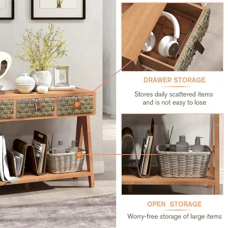 Modern Wood Console Table with Storage and Open Storage Shelf