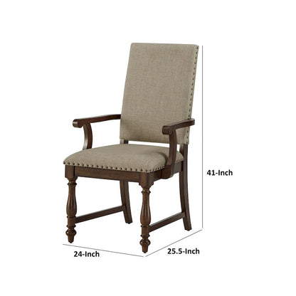 Tom 26 Inch Dining Armchair, Beige Polyester, Nailheads, Brown Solid Wood