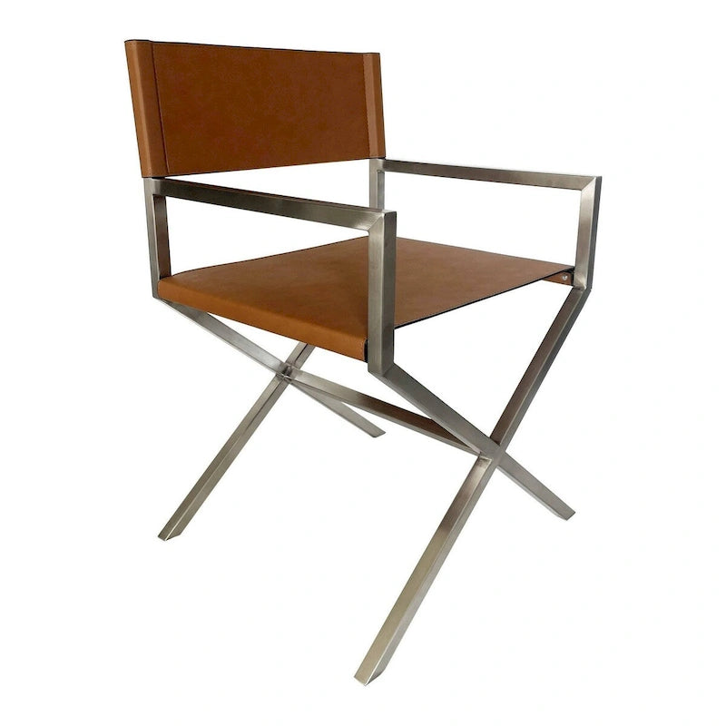 Rux Dining Chair, Smooth Brown Faux Leather, Director's Style Cross Legs